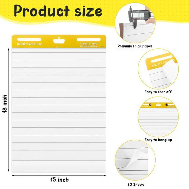 Alt view image 2 of 6 - 8 Pcs Chart Paper Lined Sticky Easel Pad, 30 Sheets/Pad 15 x 18 Inch Flip Large Chart Paper Sticky for Wall, Self Stick Easel Pads for Office School Classroom Residue-free & Easyremoval