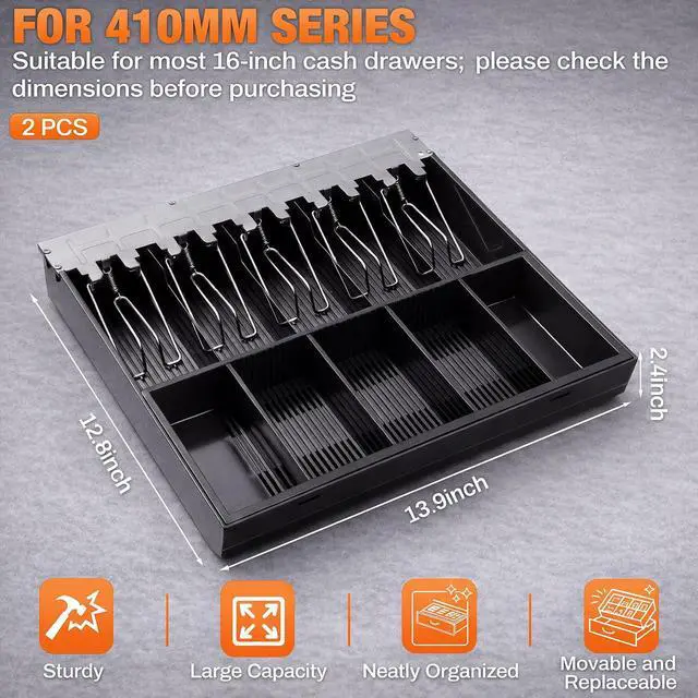 Alt view image 2 of 6 - 2 Pcs 16 Inch Cash Drawer Tray for Small Business, Heavy Duty Cash Drawer Insert 5 Bills and 5 Coins Money Organizer for Money Storage