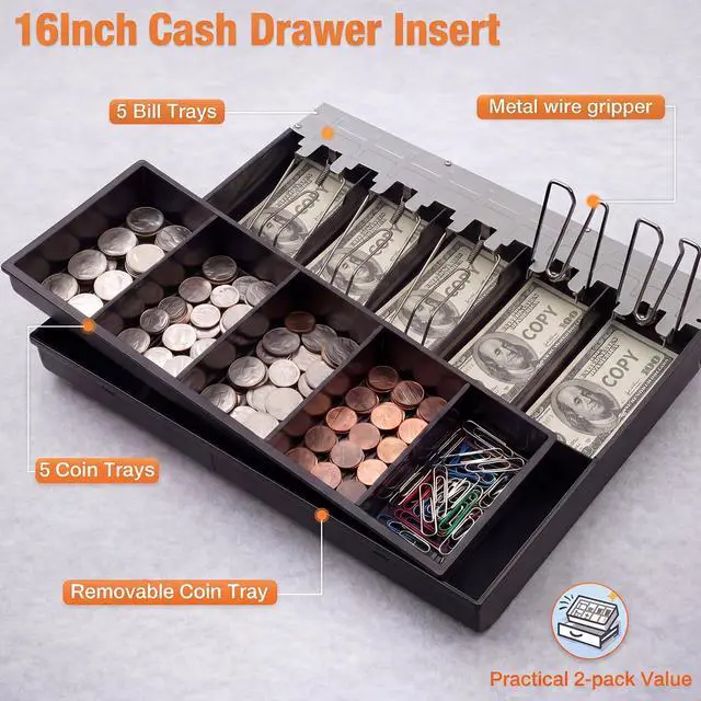 Alt view image 3 of 6 - 2 Pcs 16 Inch Cash Drawer Tray for Small Business, Heavy Duty Cash Drawer Insert 5 Bills and 5 Coins Money Organizer for Money Storage