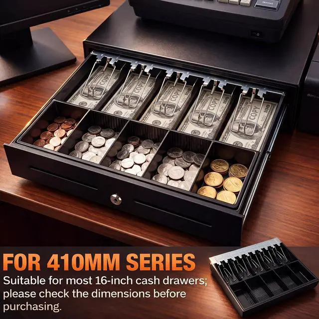 Alt view image 4 of 6 - 2 Pcs 16 Inch Cash Drawer Tray for Small Business, Heavy Duty Cash Drawer Insert 5 Bills and 5 Coins Money Organizer for Money Storage