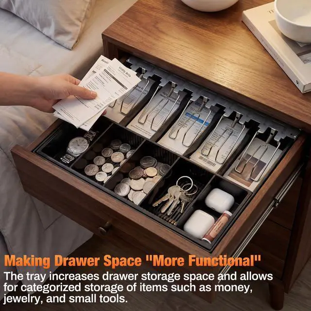 Alt view image 6 of 6 - 2 Pcs 16 Inch Cash Drawer Tray for Small Business, Heavy Duty Cash Drawer Insert 5 Bills and 5 Coins Money Organizer for Money Storage
