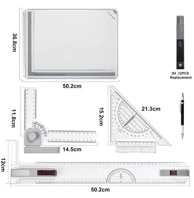 Alt view image 3 of 6 - Metric A3 Drawing Board Drafting Table Multifunctional Drawing Board Table with Clear Rule Parallel Motion and Angle Adjustable Measuring System