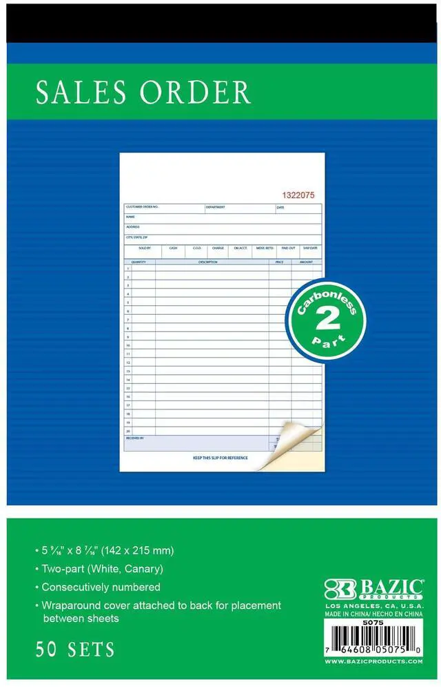 Main image of Sales Order Book, 2-Part Carbonless, 50 Sets, 24-Box | 50 numbered 2-part carbonless sets, 5 9/16 x 8 7/16 in, white original plus canary copy