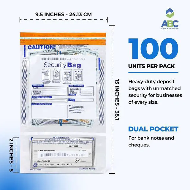 Alt view image 3 of 6 - Clear Plastic Deposit Bags | Tamper-Evident Cash Bag | Tear-Off Receipt | Heavy-Duty 9.5" x 15" | 100 pcs | ABC Check Printing