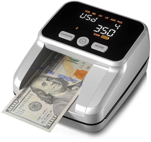 Main image of Counterfeit Bill Detector with 5 Detection Methods, Silver | UV/IR/MG//Size/Image, Easy to Read 2.8" Value Display, 4-Way Orientation, Money Checker for Dollars & Euros, Portable