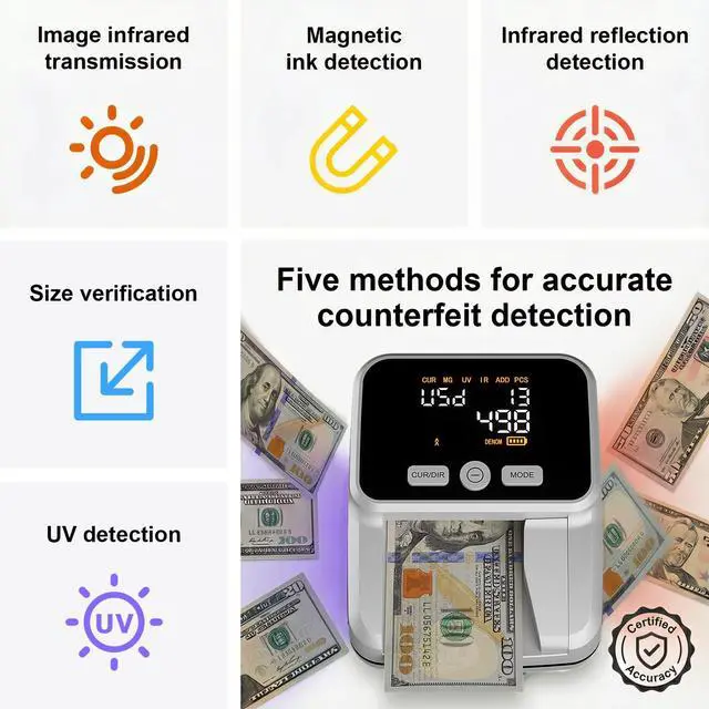 Alt view image 2 of 6 - Counterfeit Bill Detector with 5 Detection Methods, Silver | UV/IR/MG//Size/Image, Easy to Read 2.8" Value Display, 4-Way Orientation, Money Checker for Dollars & Euros, Portable