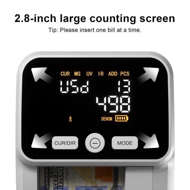 Alt view image 3 of 6 - Counterfeit Bill Detector with 5 Detection Methods, Silver | UV/IR/MG//Size/Image, Easy to Read 2.8" Value Display, 4-Way Orientation, Money Checker for Dollars & Euros, Portable