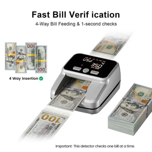Alt view image 5 of 6 - Counterfeit Bill Detector with 5 Detection Methods, Silver | UV/IR/MG//Size/Image, Easy to Read 2.8" Value Display, 4-Way Orientation, Money Checker for Dollars & Euros, Portable