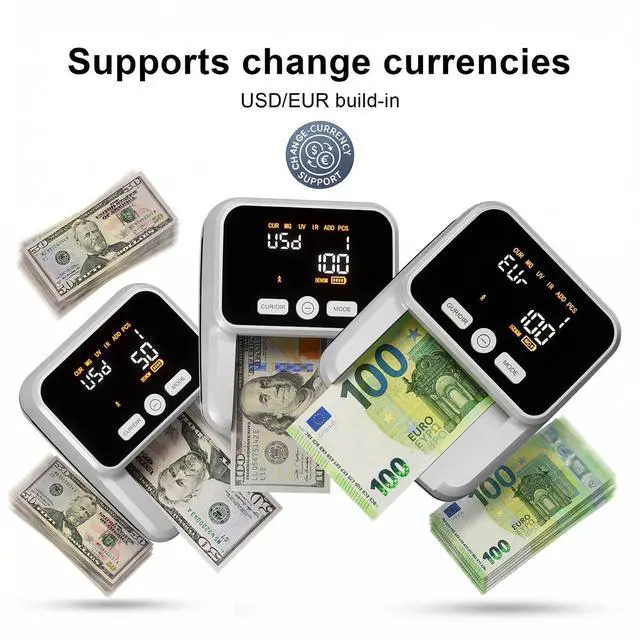 Alt view image 6 of 6 - Counterfeit Bill Detector with 5 Detection Methods, Silver | UV/IR/MG//Size/Image, Easy to Read 2.8" Value Display, 4-Way Orientation, Money Checker for Dollars & Euros, Portable