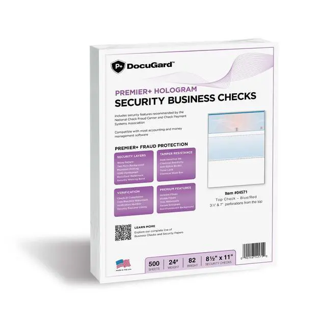 Alt view image 2 of 6 - Blue/Red Premier+ Top High Security Hologram Check Paper - New - 20 Security Features - Foil Hologram Fraud Prevention - Laser/Inkjet Printer Compatible - 500 Blank Business Checks (04571)