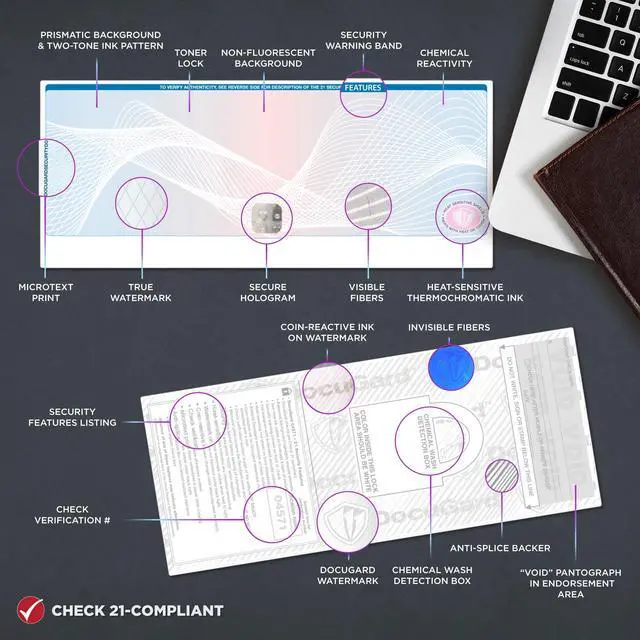 Alt view image 3 of 6 - Blue/Red Premier+ Top High Security Hologram Check Paper - New - 20 Security Features - Foil Hologram Fraud Prevention - Laser/Inkjet Printer Compatible - 500 Blank Business Checks (04571)
