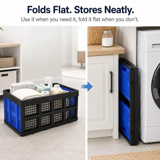 Alt view image 2 of 6 - Collapsible Storage Crates 2 Pack, Heavy Duty Foldable Plastic Storage Bins, Stackable Garage & Trunk Organizers for Car, Home, Grocery & Moving Storage, 49L, Blue