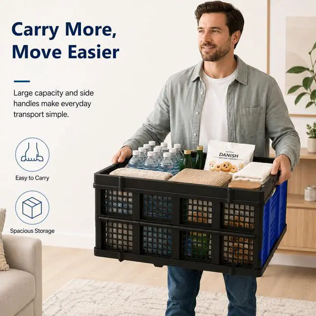 Alt view image 3 of 6 - Collapsible Storage Crates 2 Pack, Heavy Duty Foldable Plastic Storage Bins, Stackable Garage & Trunk Organizers for Car, Home, Grocery & Moving Storage, 49L, Blue