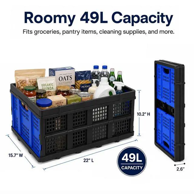 Alt view image 4 of 6 - Collapsible Storage Crates 2 Pack, Heavy Duty Foldable Plastic Storage Bins, Stackable Garage & Trunk Organizers for Car, Home, Grocery & Moving Storage, 49L, Blue