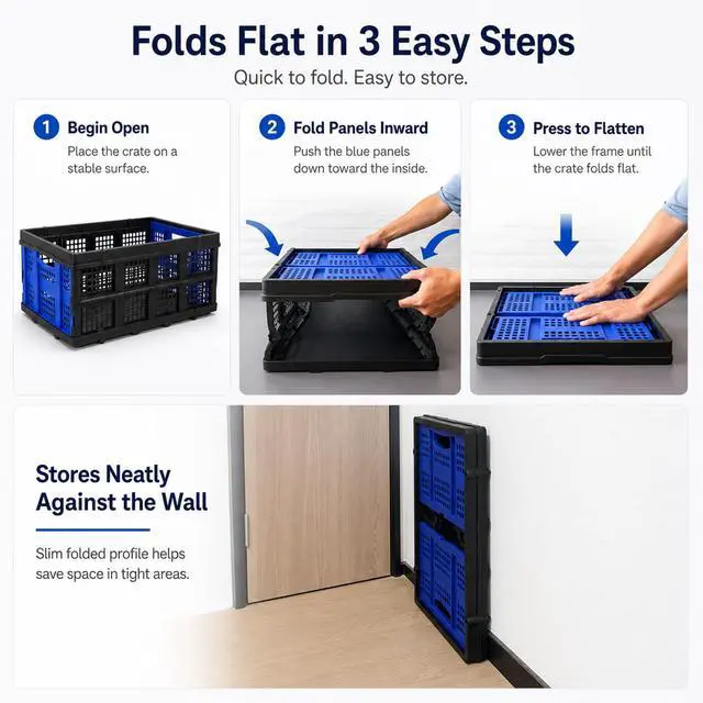 Alt view image 5 of 6 - Collapsible Storage Crates 2 Pack, Heavy Duty Foldable Plastic Storage Bins, Stackable Garage & Trunk Organizers for Car, Home, Grocery & Moving Storage, 49L, Blue