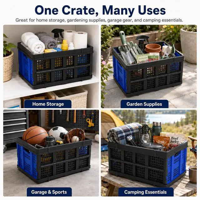 Alt view image 6 of 6 - Collapsible Storage Crates 2 Pack, Heavy Duty Foldable Plastic Storage Bins, Stackable Garage & Trunk Organizers for Car, Home, Grocery & Moving Storage, 49L, Blue