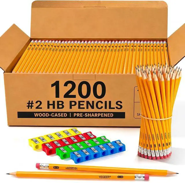 Main image of 1200 Pack #2 HB Pre-Sharpened Wood-Cased Graphite Pencils Bulk Pack with 24 Pencil Sharpeners and Top Erasers, for Writing, Drawing and Sketching, School, Classroom, Office & Standardized Testing