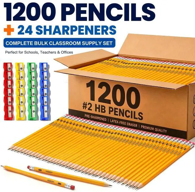 Alt view image 5 of 6 - 1200 Pack #2 HB Pre-Sharpened Wood-Cased Graphite Pencils Bulk Pack with 24 Pencil Sharpeners and Top Erasers, for Writing, Drawing and Sketching, School, Classroom, Office & Standardized Testing