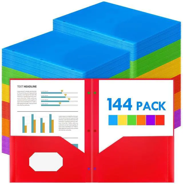 Main image of 144 Pack 2 Pocket Folders with 3 Holes Punch, Plastic Folder for 3 Ring Binder, Heavy Duty Folders with Pockets for Letter Size Paper, Multicolor Folder for School and Office