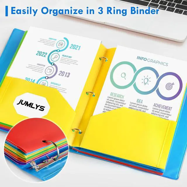 Alt view image 4 of 6 - 144 Pack 2 Pocket Folders with 3 Holes Punch, Plastic Folder for 3 Ring Binder, Heavy Duty Folders with Pockets for Letter Size Paper, Multicolor Folder for School and Office