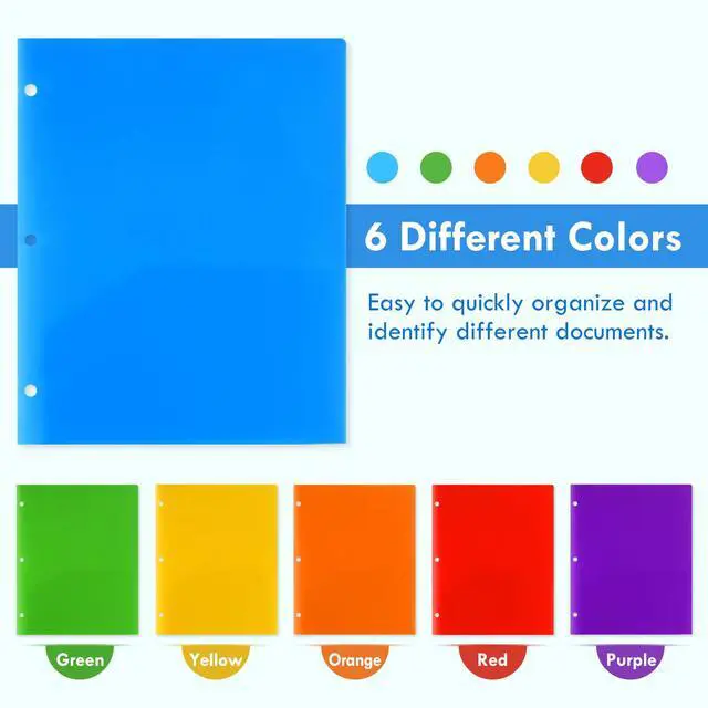 Alt view image 5 of 6 - 144 Pack 2 Pocket Folders with 3 Holes Punch, Plastic Folder for 3 Ring Binder, Heavy Duty Folders with Pockets for Letter Size Paper, Multicolor Folder for School and Office