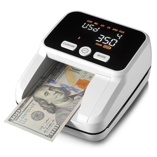 Main image of Counterfeit Bill Detector with 5 Detection Methods, White | UV/IR/MG//Size/Image, Easy to Read 2.8" Value Display, 4-Way Orientation, Money Checker for Dollars & Euros, Portable