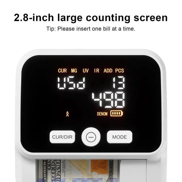 Alt view image 3 of 6 - Counterfeit Bill Detector with 5 Detection Methods, White | UV/IR/MG//Size/Image, Easy to Read 2.8" Value Display, 4-Way Orientation, Money Checker for Dollars & Euros, Portable