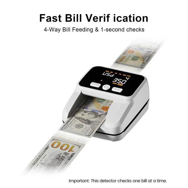 Alt view image 5 of 6 - Counterfeit Bill Detector with 5 Detection Methods, White | UV/IR/MG//Size/Image, Easy to Read 2.8" Value Display, 4-Way Orientation, Money Checker for Dollars & Euros, Portable
