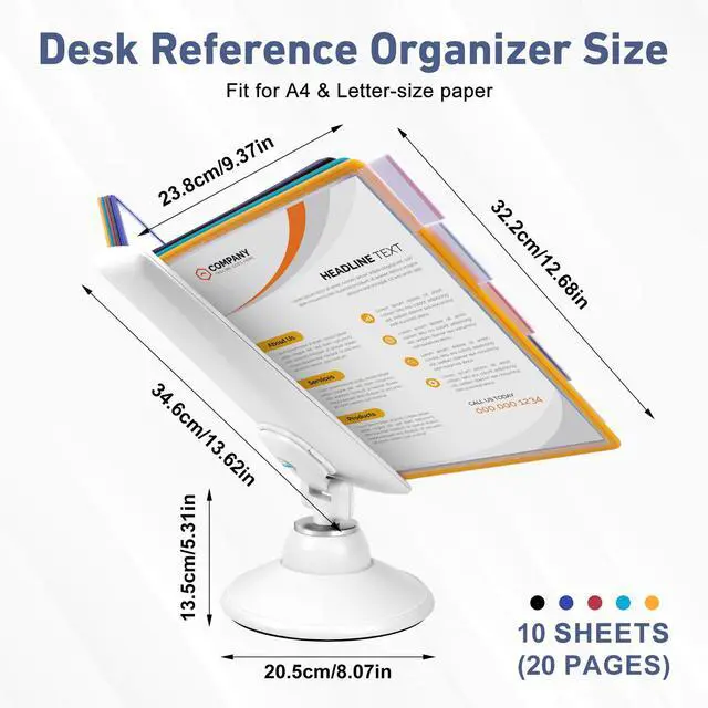 Alt view image 2 of 6 - 10-Pocket Desk Reference Organizer with 360° Swivel Base & 10 Double-Sided Panels Holds 20 Sheets A4/Letter Size Paper, Fast Flip & Find Desktop Reference System with Colored Index Tabs, White