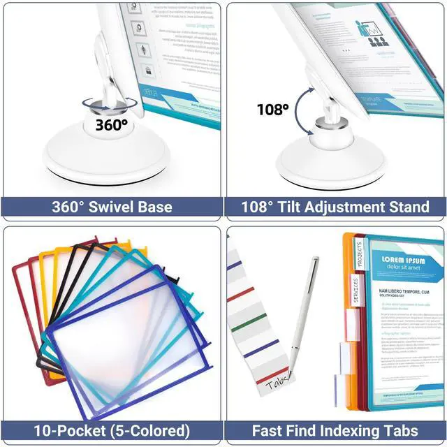 Alt view image 3 of 6 - 10-Pocket Desk Reference Organizer with 360° Swivel Base & 10 Double-Sided Panels Holds 20 Sheets A4/Letter Size Paper, Fast Flip & Find Desktop Reference System with Colored Index Tabs, White