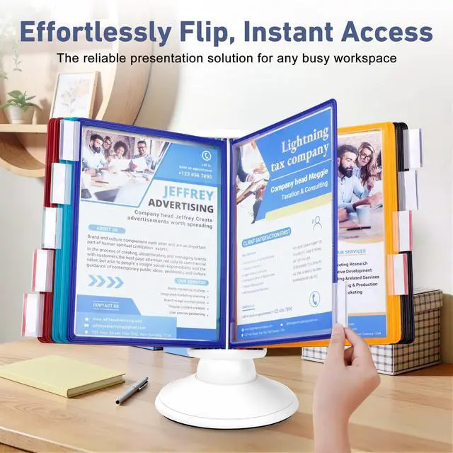 Alt view image 4 of 6 - 10-Pocket Desk Reference Organizer with 360° Swivel Base & 10 Double-Sided Panels Holds 20 Sheets A4/Letter Size Paper, Fast Flip & Find Desktop Reference System with Colored Index Tabs, White