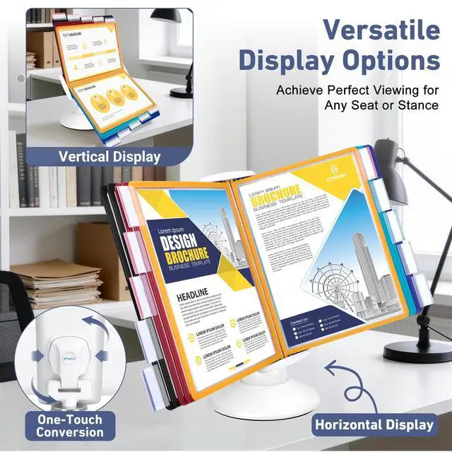 Alt view image 6 of 6 - 10-Pocket Desk Reference Organizer with 360° Swivel Base & 10 Double-Sided Panels Holds 20 Sheets A4/Letter Size Paper, Fast Flip & Find Desktop Reference System with Colored Index Tabs, White