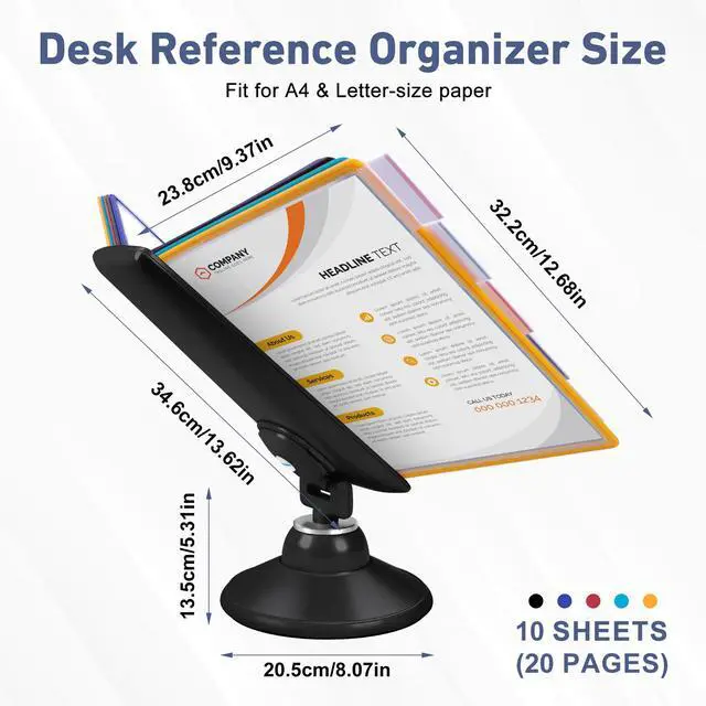 Alt view image 2 of 6 - 10-Pocket Desk Reference Organizer with 360° Swivel Base & 10 Double-Sided Panels Holds 20 Sheets A4/Letter Size Paper, Fast Flip & Find Desktop Reference System with Colored Index Tabs, Black