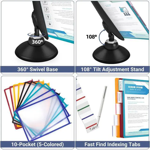Alt view image 3 of 6 - 10-Pocket Desk Reference Organizer with 360° Swivel Base & 10 Double-Sided Panels Holds 20 Sheets A4/Letter Size Paper, Fast Flip & Find Desktop Reference System with Colored Index Tabs, Black