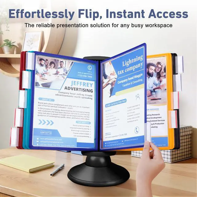 Alt view image 4 of 6 - 10-Pocket Desk Reference Organizer with 360° Swivel Base & 10 Double-Sided Panels Holds 20 Sheets A4/Letter Size Paper, Fast Flip & Find Desktop Reference System with Colored Index Tabs, Black