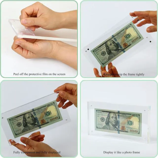 Alt view image 4 of 6 - 10Pcs Dollar Bill Frame Display Acrylic Dollar Bill Holder 3.9X7.8Inch for Dollar Bill Display Case Magnet Currency Display Frame Self Standing for Money Ticket Picture Photos (10)