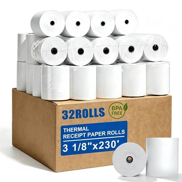 Main image of (32 Rolls) Thermal Receipt Paper Rolls 3 1/8" x 230, High-Speed Printing, BPA-Free, Compatible with Most Cash Registers, POS Systems & Credit Card Terminals - Premium Quality for Retail, Restaurant