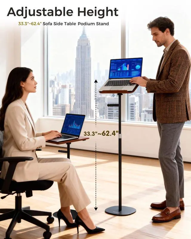 Alt view image 2 of 6 - Laptop Stand Floor, Wood Music Stand, Tablet Floor Stands Adjustable Height, Tall Book Stand Hands Free, for Projector, Office, Study, Brown