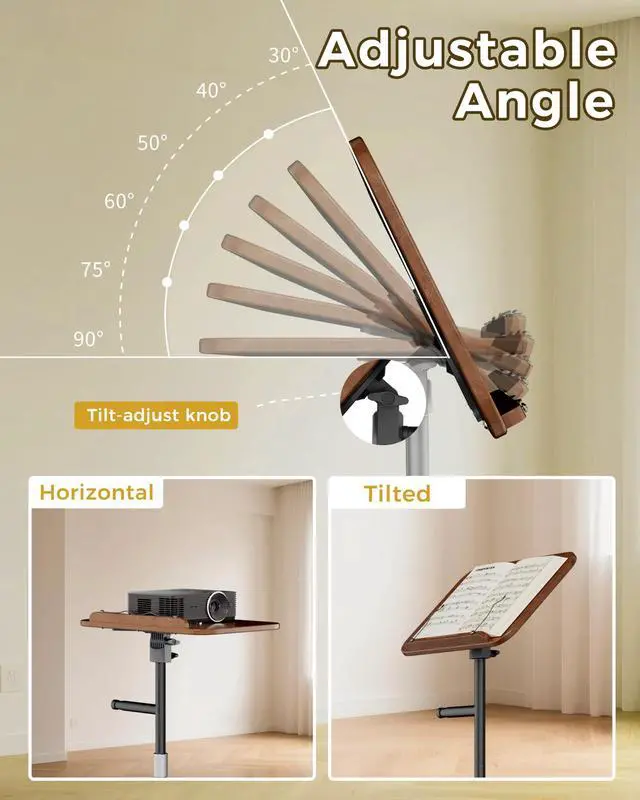 Alt view image 3 of 6 - Laptop Stand Floor, Wood Music Stand, Tablet Floor Stands Adjustable Height, Tall Book Stand Hands Free, for Projector, Office, Study, Brown