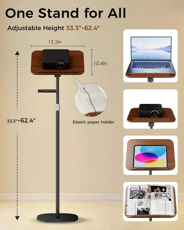 Alt view image 4 of 6 - Laptop Stand Floor, Wood Music Stand, Tablet Floor Stands Adjustable Height, Tall Book Stand Hands Free, for Projector, Office, Study, Brown