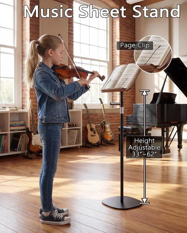 Alt view image 6 of 6 - Laptop Stand Floor, Wood Music Stand, Tablet Floor Stands Adjustable Height, Tall Book Stand Hands Free, for Projector, Office, Study, Brown