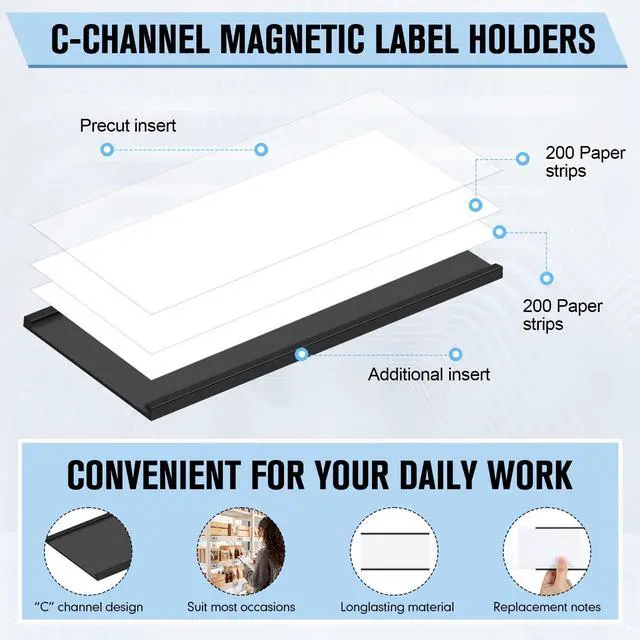 Alt view image 2 of 6 - 200 Pieces C Channel Magnetic Label Holders Set 3 x 5 Inch Magnet Shelf Label Holder with Protective Films and Replacement Strips for Metal Racks Whiteboard Name Tags