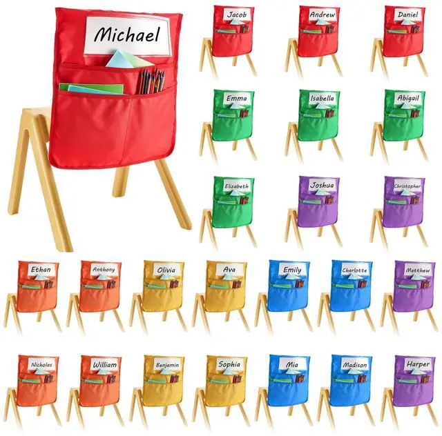 Main image of Chair Pockets for Classroom, 24 Pack, 14 x 15 Inches Chairback Buddy Pocket with Name Tag, 6 Bright Colors, Back of Chair Organizer for Kids in Classroom, Kindergarten, School, and Home
