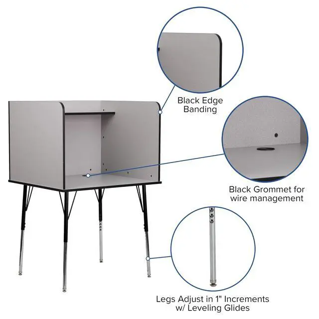 Alt view image 5 of 6 - Justin Height-Adjustable Student Study Carrel for Testing Centers/Classrooms, Modular Study Carrel/Private Student Testing Desk, Gray