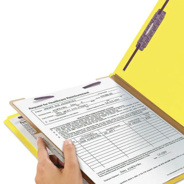 Alt view image 4 of 6 - Pressboard Classification File Folder with SafeSHIELD Fasteners, 1 Divider, 2" Expansion, Legal Size, Yellow, 10 per Box (18734)