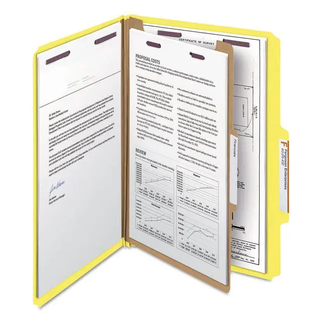 Alt view image 5 of 6 - Pressboard Classification File Folder with SafeSHIELD Fasteners, 1 Divider, 2" Expansion, Legal Size, Yellow, 10 per Box (18734)