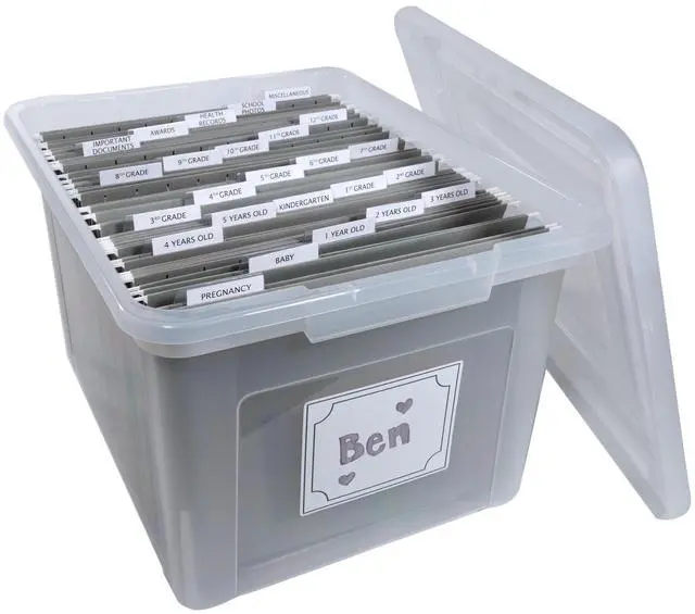 Main image of Kid's Craft Memory Keepsake Organizer Box - Clear Storage Latching Bin with Hanging File Folders and Custom Tab Inserts (Gray)