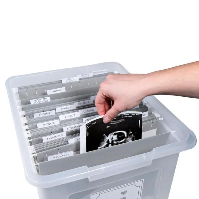 Alt view image 2 of 6 - Kid's Craft Memory Keepsake Organizer Box - Clear Storage Latching Bin with Hanging File Folders and Custom Tab Inserts (Gray)