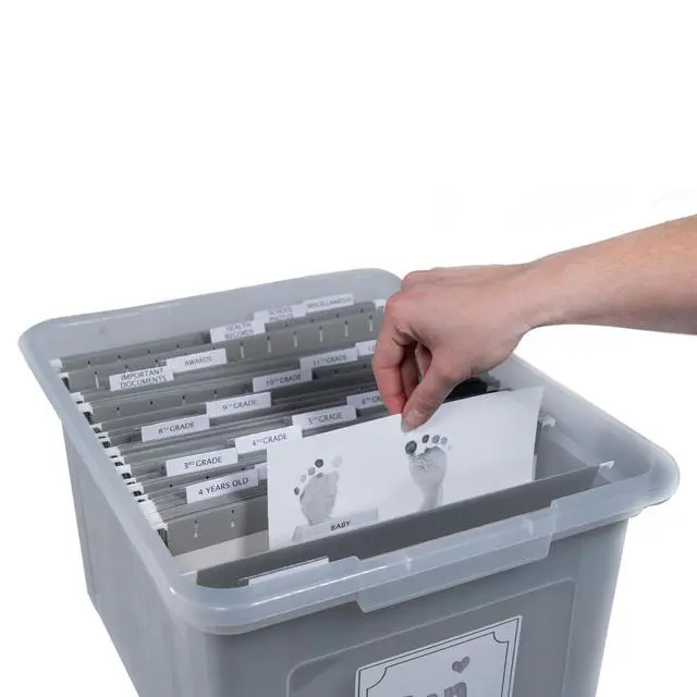 Alt view image 5 of 6 - Kid's Craft Memory Keepsake Organizer Box - Clear Storage Latching Bin with Hanging File Folders and Custom Tab Inserts (Gray)