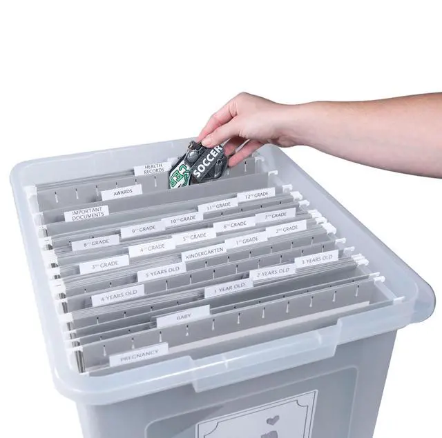 Alt view image 6 of 6 - Kid's Craft Memory Keepsake Organizer Box - Clear Storage Latching Bin with Hanging File Folders and Custom Tab Inserts (Gray)